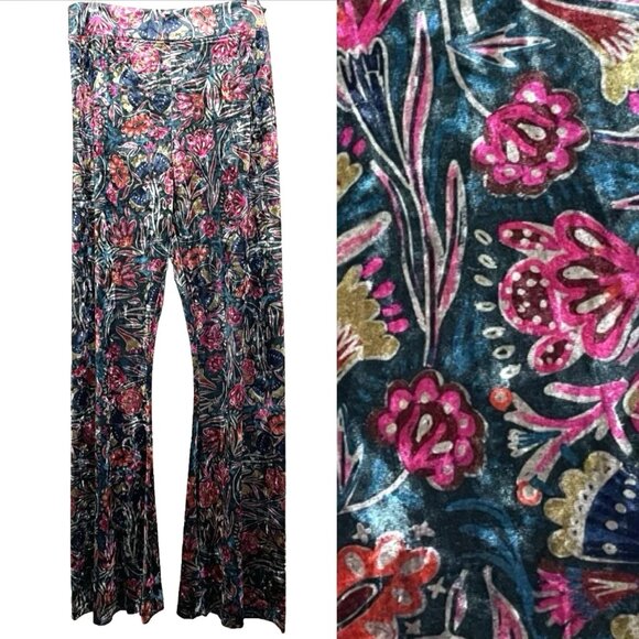 Natural Life Cali Flare Pants Size Large Floral Stretch Velvet Velour Pull On - Picture 9 of 9